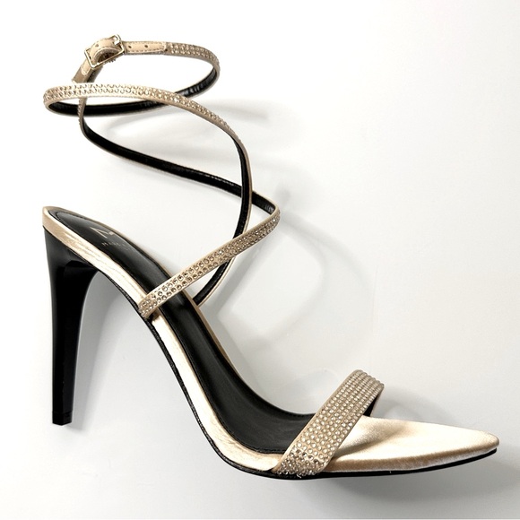 Marc Fisher Camille Gold Rhinestone Ankle Wrap Stiletto Heels 8 Holiday - Picture 1 of 12